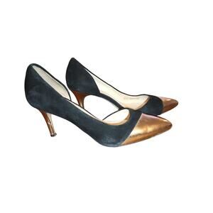 Cole Haan Pumps Cap toe, Black Suede leather and Gold stiletto heels size 8.5